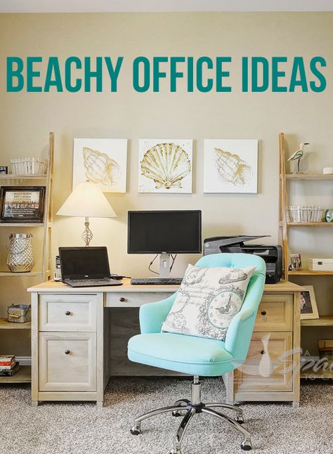 Get some ideas for coastal and beach theme office spaces with furniture, like this bright blue office swivel chair that adds fun and cheer to the space. Featured on Completely Coastal. Ocean Theme Office Decor, Beach Decor Office, Beach Office Theme, Office Beach Theme, Coastal Office Ideas Beach, Beachy Home Office Ideas, Beach Home Office Ideas, Office Decor Beach Theme, Beach Themed Office Decor