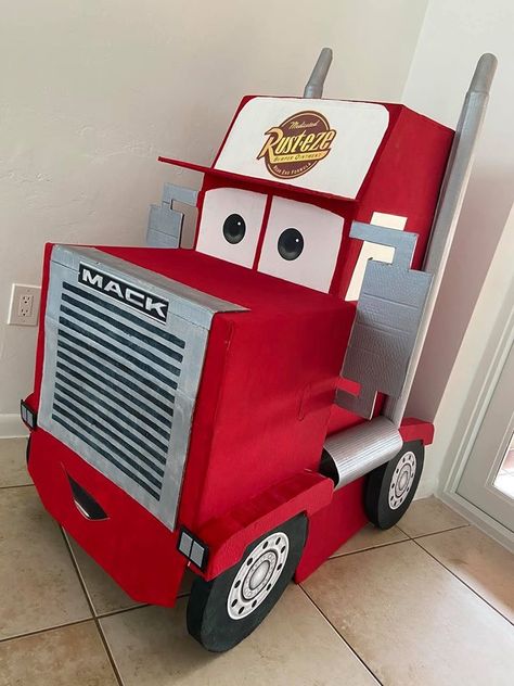 DIY Cardboard Mack from Cars Cardboard Mack Truck, Mack From Cars Cardboard, Cars Mack Truck Diy, Diy Mack Truck Cardboard, Auto Party, Pixar Cars Birthday, Mcqueen Birthday, Cars Birthday Party Decorations, Cardboard Car