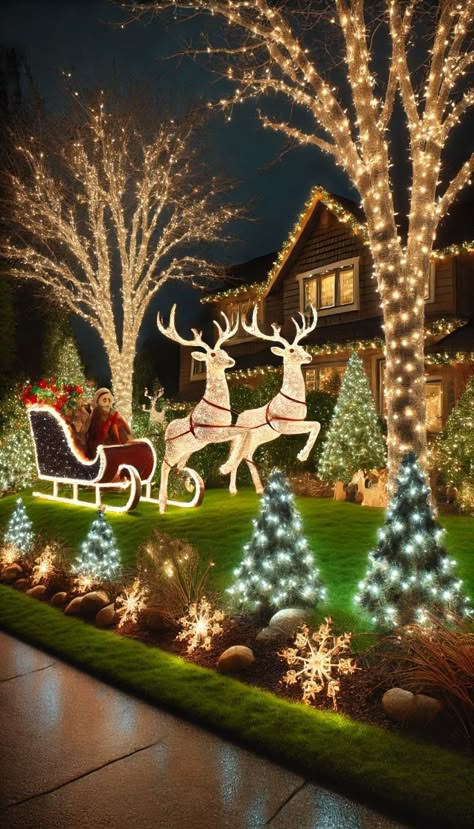 Christmas Light On Trees Outdoor, Front Yard Christmas Light Display, Christmas Lights In Outdoor Trees, Christmas Decor Ideas For Front Yard, Outdoor Light Christmas Tree, Christmas Decoration Front Yard, Christmas Tree Front Yard, Christmas Yard Decorations Diy Outdoor, Christmas Front Yard Ideas