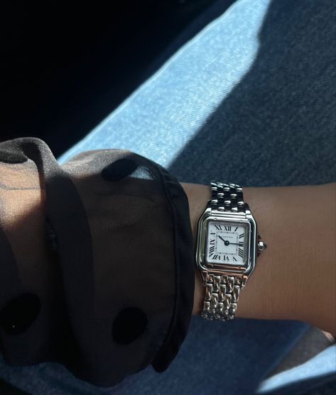 Cartier La Panthere Watch, Cartier Panthere Watch Aesthetic, Cartier Panthere Watch Small Silver, Cartier Panthere Watch Silver, Silver Cartier Watch, Cartier Silver Jewelry, Panthere Cartier Watch, Watched Aesthetic, Cartier Jewelry Aesthetic