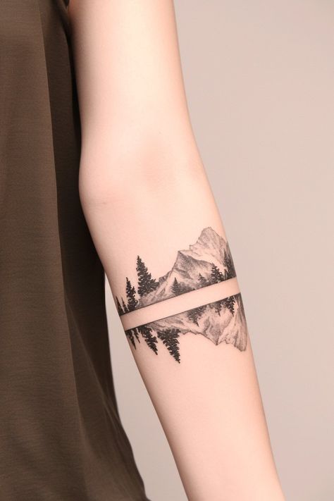 30 Small Mountain Tattoo Designs to Inspire Your Next Ink – Refined Aesthetique Trees Tattoo Forearm, Arm Band Mountain Tattoo, Mother Daughter Mountain Tattoos, Minimal Mountain Tattoo Simple, Leg Mountain Tattoo, Boundary Waters Tattoo, Simple Manly Tattoos, Manitou Incline Tattoo, Mountain Wrap Tattoo