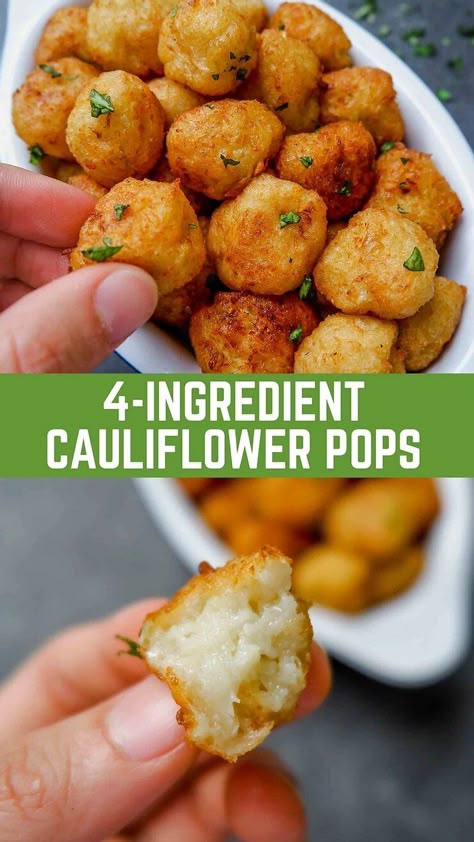 4-Ingredient Cauliflower Pops (Vegan Recipe) – The Foodie Takes Flight Resep Vegan, Vegan Cauliflower Recipes, Vegan Finger Foods, Vegan Cauliflower, Tater Tots, Tasty Vegetarian Recipes, 4 Ingredient, Idee Pasto Sano, Vegan Recipe