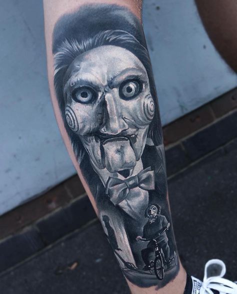 Jigsaw Tattoo, Rip Tattoos For Dad, Gas Mask Tattoo, Horror Movie Tattoos, Skull Girl Tattoo, Clown Tattoo, Movie Tattoo, Movie Tattoos, Wicked Tattoos