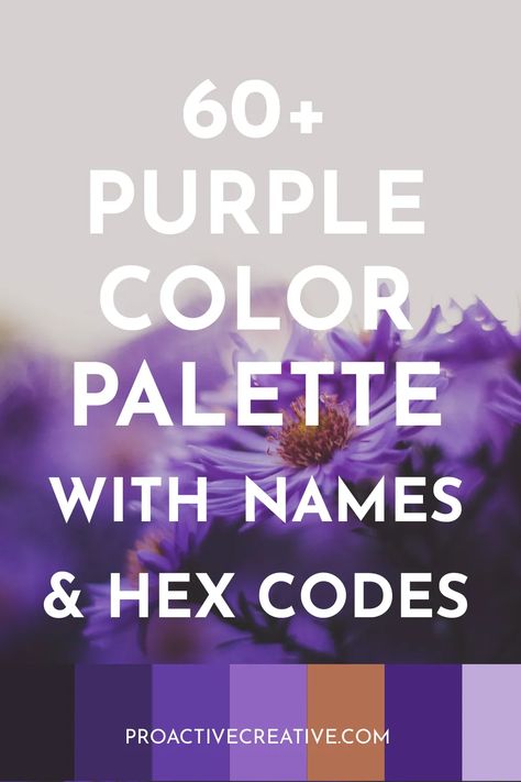 66+ Purple Color Palette With Names & Hex Codes - Proactive Creative - Guides for Visual Artists Purple Swatches Colour Palettes, Black White Purple Color Palette, Purple Color Palette Hex Codes, Purple And Black Color Palette, Color Schemes Purple, Dark Purple Paint Colors, Dark Purple Color Palette, Curriculum Organization, Blue Color Hex