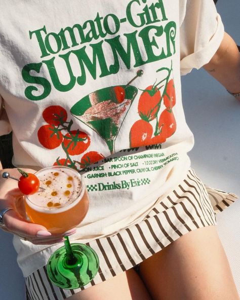 Tomato-Girl Summer 🍅🥫❤️ new artwork for @drinksbyevie merch out now Graphic Tees Design Prints, Vintage Summer Aesthetic, Tomato Girl Summer, Graphic Tees Design, Trash Chute, Cherry Drink, Summer Juice, Tomato Girl, Champagne Vinegar