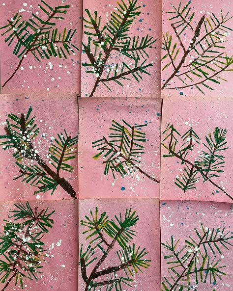 #kindergarten printed the prettiest little pine tree branches! They couldn’t BELIEVE that they were allowed to splatter paint! Inspired… | Instagram Tree Art For Kindergarten, Winter Tree Craft Preschool, Winter Trees Art For Kids, Tissue Paper Bleed Art, Tree Art Kindergarten, Pre K Winter Art, Grade 1 Christmas Art, Winter Art Grade 1, Paintings For Kindergarten