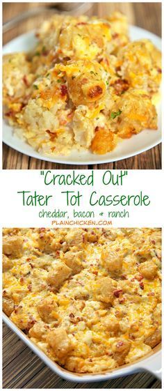 "Cracked Out" Tater Tot Casserole Recipe - easy Cheddar, Bacon and Ranch potato casserole using frozen tater tots. So simple and tastes amazing! The flavor combination is highly addictive!! Can freeze casserole for easy side dish later. Cracked Out Tater Tot Casserole, Ranch Potato Casserole, Frozen Tater Tots, Tater Tot Casserole Recipe, Casserole To Freeze, Cracked Out, Tater Tot Recipes, Tot Casserole, Tater Tot Casserole