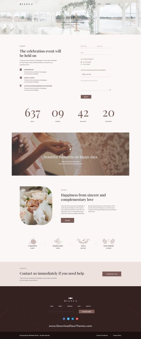 Bianca - Wedding Elementor Template Kit is a clean, elegant and modern design responsive premium elementor template kit for wedding, wedding invitation, wedding planner, wedding RSVP and wedding events professional websites. It has beautiful 2 different homepage layouts, 7+ pre-designed pages and sections can be imported into your website on WordPress in just a few clicks using the free page builder Elementor to download now & live preview click on image 👆 Wedding Rsvp Website Design, Invitation Website Design, Web Wedding Invitation Website Designs, Wedding Planning Website Design, Wedding Web Design Inspiration, Rsvp Website Design, Wedding Invitation Website Ideas, Wedding Modern Invitation, Wedding Page Design