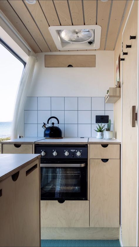 Plywood Camper Interior, Plywood Van Interior, Van Interior Design, Tiny Kitchen Inspiration, Camper Van Interior, Campervan Kitchen, Camper Van Kitchen, Self Build Campervan, Van Kitchen