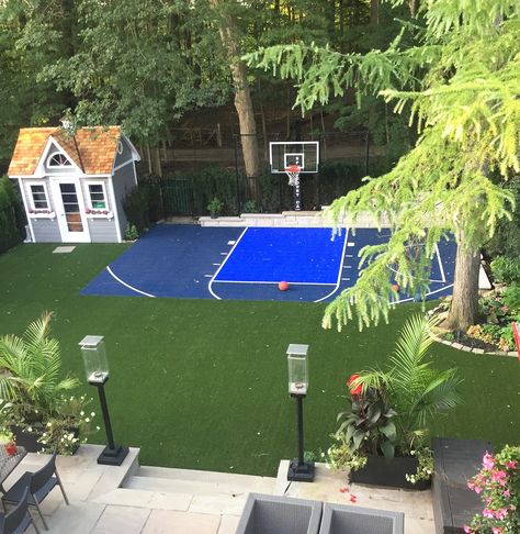 new sports court, shed and full turf application, Hockey, basketball and soccer on the turf. Gas torches and stone deck. Multipurpose Basketball Court, Turf Basketball Court, Camouflage House, Backyard Vibes, Outdoor Tv Enclosure, Home Basketball Court, Basketball Court Backyard, Backyard Basketball, Backyard Sports