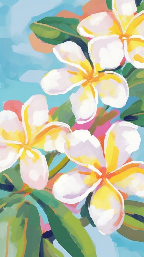 Frangipani Art Paintings, Frangipani Flower Painting, Summer Vibes Painting, Summer Illustration Art Drawings, Frangipani Drawing, Hawaii Background, Tropical Flower Painting, Flowers Painting Acrylic, Abstract Art Flowers