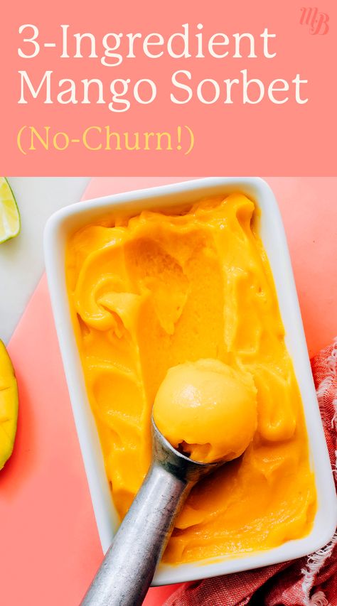 Mango Ideas Healthy, 3 Ingredient Mango Sorbet, Homemade Mango Sorbet, Mango Sobert Recipe, What To Make With Frozen Mango, Things To Make With Frozen Mango, Mango Lime Sorbet, Easy Mango Sorbet Recipe, Frozen Mango Sorbet