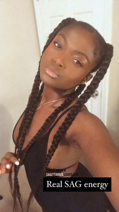 4 jumbo knotless braids pigtails on natural hair. Easy protective style #darkskin #blackhair #knotlessbraids #haircaretips #naturalhairhacks #hairstylesforschool #naturalhairstyles #melanin #markiadaily