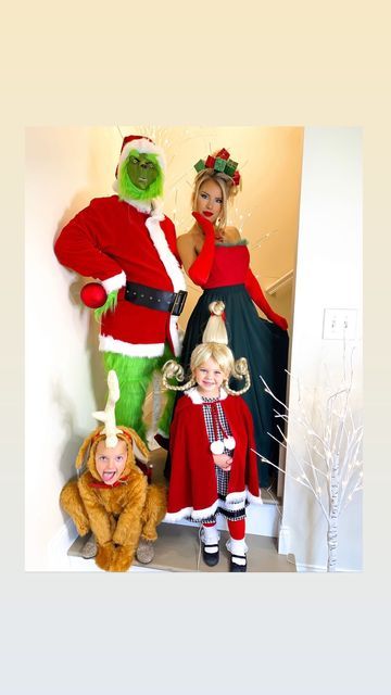 Macy Blackwell on Instagram: "“Did I have a crush on the Grinch?..Of course not!!” 💚 My favorite family costume!! Cory got so into his role during our neighborhood trick-or-treating and was interacting with all the kids pretending the steal their candy. 😂 Everyone wanted a photo with him! Our costumes are linked in my LTK! To make Max’s horn, we used aluminum foil molded into the shape and then wrapped it with tape! #halloweenparty #halloweencostume #thegrinch #familyhalloweencostume #hall Grinch Christmas Pictures Family, Mexican Halloween Costume, Whoville Costumes, Family Costumes For 3, Grinch Halloween, Diy Christmas Pictures, Macy Blackwell, Mexican Halloween, Sibling Costume