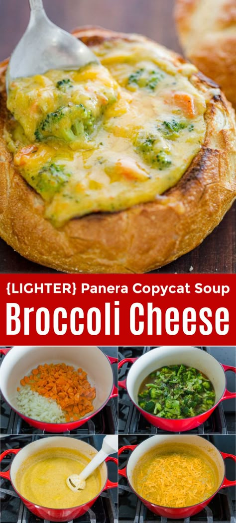 Broccoli Cheese Soup served in a bread bowl is the ultimate comfort food. This is our version of Panera Broccoli and Cheese Soup but it's lighter, loaded with fresh broccoli and cheddar cheese. This soup recipe is so easy and so delicious! Broccoli Cheese Bread Bowl, Cheddar Broccoli Bread Bowl, Healthy Panera Broccoli And Cheese Soup, Bread Bowls And Soup, Broccoli Cheese Soup Bread Bowl, Bread Soup Bowls Easy Recipes, Soup With Bread Bowl, Soups In Bread Bowls, Broccoli Cheddar Soup Bread Bowl