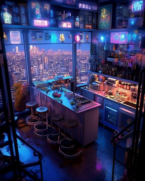 A Cyberpunk kitchen inside a high-rise apartment has a fantastic view of the city. This is an AI artwork designed with Midjourney. Cyberpunk Style Apartment, Futuristic Apartment Exterior, Cyberpunk Apartment Aesthetic, Cozy Cyberpunk Apartment, Cyberpunk Cafe Interior, Cyberpunk Apartment Concept Art, Cyberpunk 2077 Apartment, Cyberpunk Apartment Interior Design, Cyberprep Aesthetic