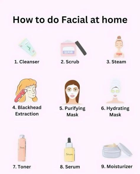 Facial at home 💜 . . Comment DM For Recommendations . Follow For More Such content 💜 . #skincaredaily #skincare #skin #skincareproducts #skincarebrand #skincaretip #skincarenatural #skincarerecommendations #skincareroutine #skincareaffordable #facial #oilyskin #sensitiveskin #dryskin Facial Cleaning Routine, Facial Spa At Home, Steps For A Facial At Home, At Home Facial Steaming, Diy At Home Facial Steps, How To Do Facial At Home Step By Step, Facial Order, Diy Skincare Products Recipe, Skin Care In Order