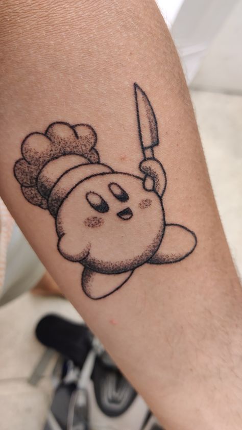 Nerdy Patchwork Tattoo, Tiny Nerd Tattoo, Kirby Tattoo Black And White, Mario Tattoo Ideas, Chef Kirby, Kirby Tattoo, Tattoo Ideas Aesthetic, Chef Tattoo, Mario Tattoo