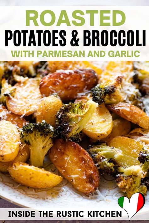 Crispy Roasted Potatoes and Broccoli with garlic and parmesan. This healthy side dish is super easy, packed with flavour and goes with almost anything! Great for weeknights or family roasts. What To Eat With Roasted Potatoes, Roasted Potato And Broccoli Recipes, Potatoe And Broccoli Bake, Vegetable Potato Bake, Broccoli And Potatoes Roasted, Potatoes And Broccoli Recipes, Potato And Vegetable Recipes, Healthy Potato Side Dishes, Healthy Potatoes Recipes