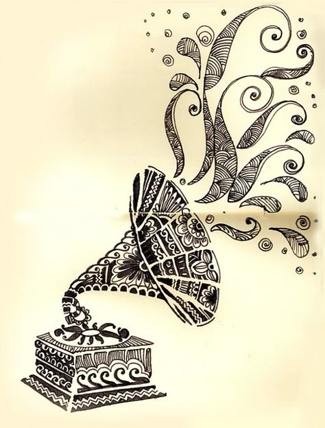 Gramophone Art Vintage Style Tattoos, Muster Tattoos, Art Musical, Mandala Art Lesson, Tableau Art, Mandala Design Art, Mandala Drawing, Zentangle Art, Ink Drawings