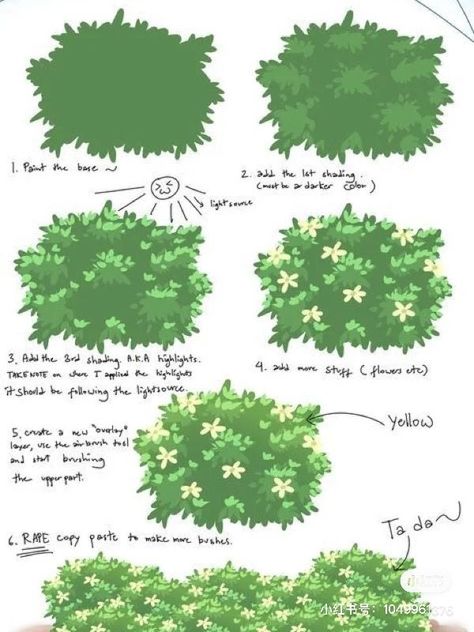 Bush Tutorial, 숲 사진, Gouache Art, Digital Painting Tutorials, Painting Art Projects, Digital Art Tutorial, Painting Tips, Art Tips, الرسومات اللطيفة