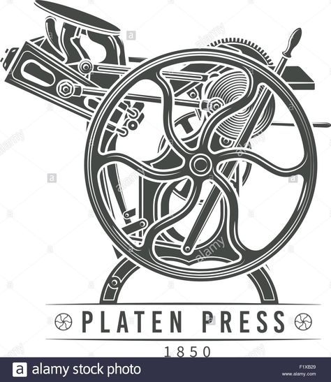 Platen press vector illustration. Old letterpress logo design. Vintage printing machine Stock Vector Craft Beer Logo, Logo Design Vintage, Catholic Stickers, Massage Logo, Travel Map Pins, Retro Logo Design, Catholic Decor, Research Images, Christian Prints