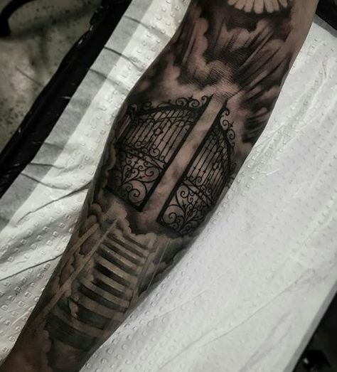 Gates Of Heaven Tattoo, Stairway To Heaven Tattoo, Mangas Tattoo, Outer Forearm Tattoo, Christian Sleeve Tattoo, Heaven Tattoos, Men Tattoos Arm Sleeve, Forarm Tattoos, Tattoo Inspiration Men