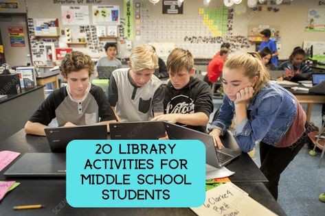 Getting tweens into the library to do library activities and explore books takes some creative thinking. Activities that are interactive, fun, challenging, Library Games For Middle School, Library Activities For Middle School, Middle School Library Ideas, Middle School Library Displays, Fun Library Activities, School Library Activities, Worksheets For Middle School, School Library Lessons, Library Games