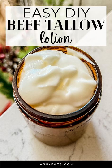 This DIY beef tallow lotion is animal-based, easy to make, and free of chemicals, synthetic ingredients, and harmful additives. This is just hand-whipped tallow, and it serves as an amazing DIY beef tallow lotion. You can leave it to be one ingredient (beef tallow) or add essential oils. This DIY beef tallow lotion is easy to make. #diy #beeftallowlotion #homemadelotion #animalbased #carnivore Magnesium Tallow Lotion, Things To Make With Tallow, How To Make Beef Tallow Moisturizer, How To Make Beef Tallow Lotion, How To Make Beef Tallow Face Cream, Beef Tallow Candles, Beef Tallow Body Butter Recipe, Whipped Beef Tallow, Tallow Lotion Recipe With Coconut Oil