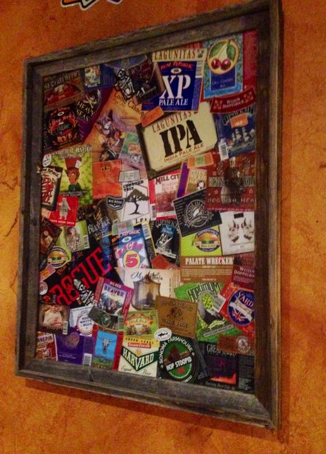 Great idea for favorite beer labels and the six pack holder boxes cut up, placed on a foam poster board, glass on top and framed. Beer Box Crafts, Beer Coaster Art, Beer Can Art, Beer Bottle Cap Crafts, Beer Crafts, Beer Stickers, Beer Box, Diy Beer, Beer Cap