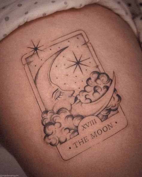 The Moon And Sun Tarot Card Tattoo, Astrology Aesthetic Tattoo, Moon Tarot Tattoo Designs, Astrology Moon Tattoo, Sun Moon And Star Tarot Card Tattoo, Night Aesthetic Tattoo, Tarot Card Tattoo The Moon, Moon Lover Tattoo, Taurus Tarot Card Tattoo