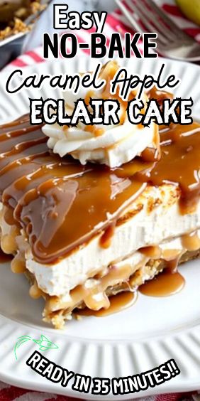 Easy No-Bake Caramel Apple Eclair Cake Easy No Bake Apple Desserts, Carmel Apple Eclair Cake, No Bake Caramel Apple Pie, No Bake Caramel Apple Eclair Cake, Easy Eclair Dessert, Easy Eclair Cake, Caramel Apple Eclair Cake, Ice Box Cake Recipes Easy, No Bake Apple Cheesecake Recipes