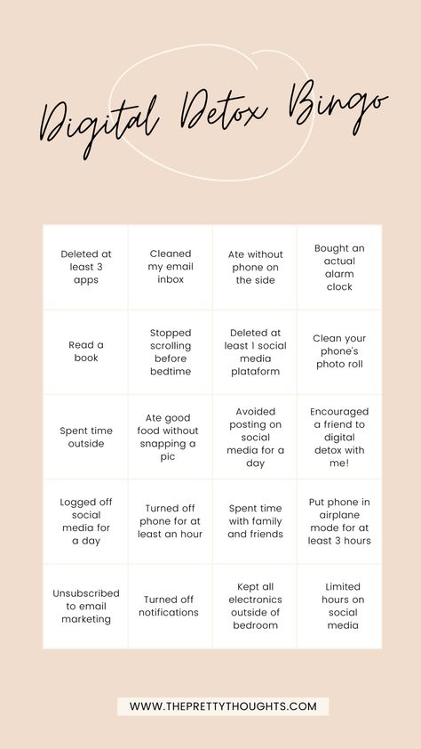 Play this Digital Detox Bingo and complete as many rows as you can! #digitaldetox #bingo Phone Detox, Delete Social Media, Free Printable Bingo Cards, Digital Minimalism, 5 Year Plan, Detox Challenge, Types Of Social Media, Bingo Cards Printable, Instagram Canva