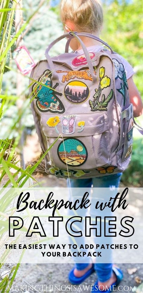 DIY Cute Backpack With Patches for Your Kiddos First Day of School - Making Things is Awesome How To Iron On Patches To Backpack, Iron On Patches Backpack, Backpack Personalization Diy, Travel Patches Backpack, Diy Backpack Accessories, How To Decorate Backpack, Iron On Patches Ideas Bags, Backpack Customize Ideas, Backpack Decoration Ideas