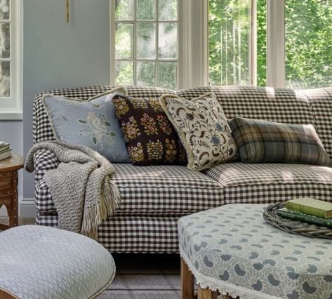 Checkered Couch Living Room, Blue Plaid Couch Living Room, Gingham Couch Living Room, Plaid Couch Living Room, Gingham Couch, Gingham Sofa, Remote House, Plaid Couch, Doll Living Room