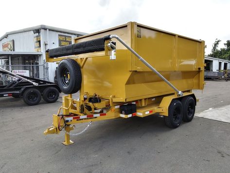 This is a yellow bumper pull roll off trailer with a 16 yard dumpster Dump Trailer Ideas, Dump Trailers For Sale, Off Road Utility Trailer, Bumper Pull Horse Trailer, Waste Management Company, Roll Off Dumpster, 5x8 Utility Trailer, Dump Trailers, Dumpsters