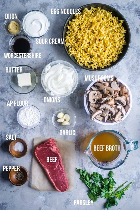 This traditional beef stroganoff is made with juicy steak, sauteed onions, mouthwatering mushrooms, and tender egg noodles in a savory stroganoff sauce – in only 30 minutes! Ground Stroganoff Recipe, Beef Stroganoff No Noodles, Beef Stroganoff With Steak Strips, Diy Beef Stroganoff, Light Beef Stroganoff, Beef Stroganoff Seasoning Recipe, The Best Beef Stroganoff Recipe, Df Beef Stroganoff, Noodles And Company Beef Stroganoff