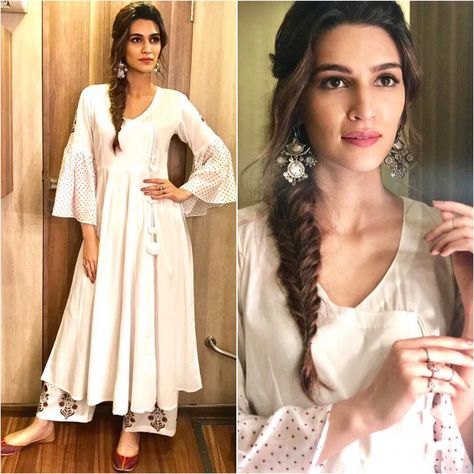 Kriti Sanon Hairstyle On Gharara, Hairstyle With Suit, Punjabi Hairstyles, Traditional Hairstyle, Ethnic Hairstyles, Traditional Indian Outfits, Front Hair Styles, Kriti Sanon, Hairstyle Tutorial