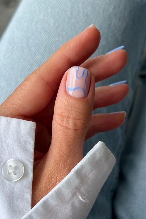 Short blue nail Nails Ideas On Short Nails, Design On Two Nails, Short Nails Ideas January, Gel Nail Designs Swirls, Cool Minimalist Nails, Nail Inspo May 2024, Gel Nail On Natural Nails, Minimalistic Design Nails, Nail Short Summer