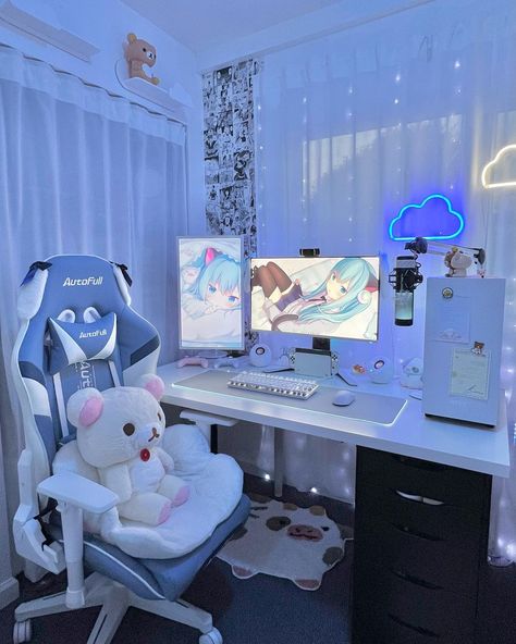 Built In Computer Desk, Cloud Shelves, Kawaii Room Ideas, Gaming Bedroom, Rilakkuma Korilakkuma, Gaming Desk Setup, Gamer Setup, Study Desk Decor, Otaku Room