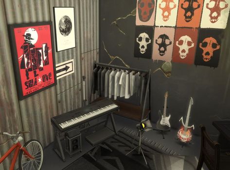 Sims 4 Punk Room, Punk Room Ideas, Rock Room Ideas, Bedroom Ideas Grunge, Sims 4 Room, Rock Bedroom, Sims Room, Musician Room, Sims Design