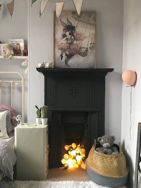 ideas for non working fireplaces, fairy lights Modern Fireplace Filler, Small Faux Fireplace Ideas, Small Victorian Fireplace, Fairy Lights In Fireplace Ideas, Twinkle Lights In Fireplace, Fairy Light Fireplace, Fairy Lights In Fireplace, Fireless Fireplace Ideas, Antique Fireplace Mantle Ideas