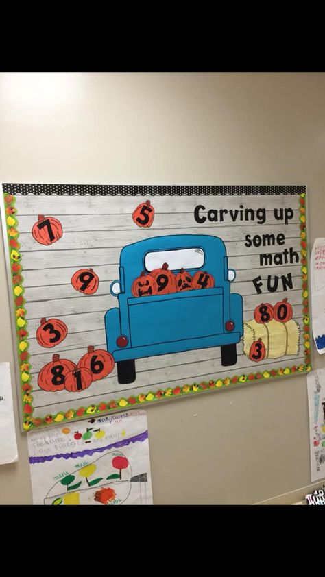 Red Truck Bulletin Board Ideas, Fall Bulletin Board Ideas For Math, Math Fall Bulletin Board Ideas, Fall Truck Bulletin Board, Fall Math Bulletin Board Ideas, Pumpkin Bulletin Board Ideas, Fall Math Bulletin Boards, Thanksgiving Bulletin Boards Preschool, Truck Bulletin Board