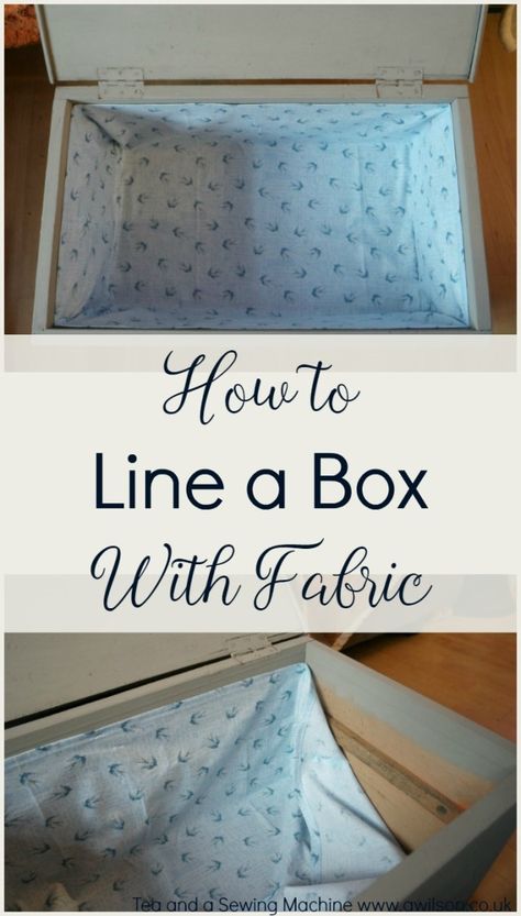 Transform a tatty junk shop box by lining it with some pretty fabric. It's easy and quick to do! Lining An Old Trunk, Refurbished Trunk, Sewing Box Diy, Sewing Box Makeover, Suitcase Vanity, Heirloom Projects, Memories Box Diy, Trunk Redo, Wooden Baskets