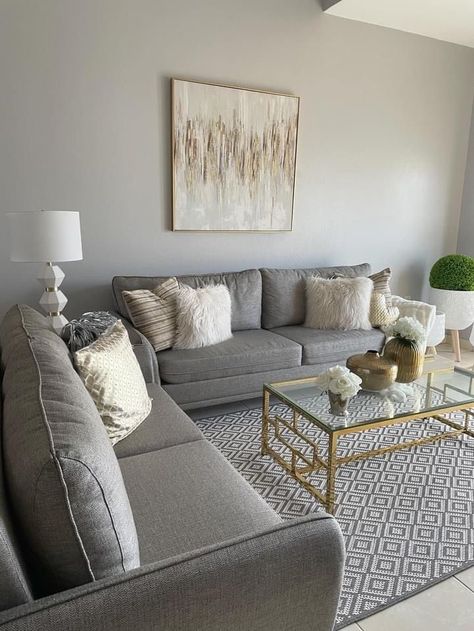 White Cream And Grey Living Room, White Grey Gold House Decor, Grey Ivory Living Room, Grey And Bronze Living Room, Couches For Grey Walls, Grey Golden Living Room, Grey And Neutral Living Room Cozy, Grey Scheme Living Room, Gray White Tan Living Room