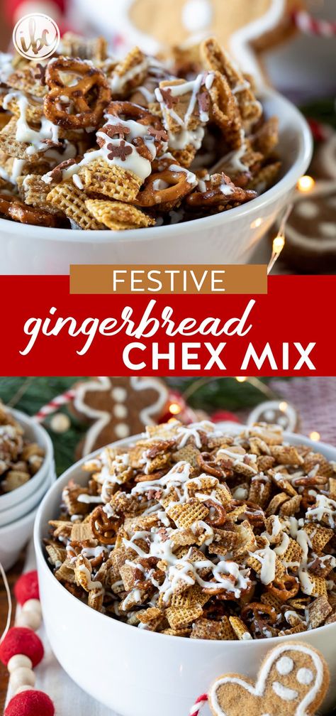 Make your holiday gatherings extra special with this Gingerbread Chex Mix. This delightful recipe combines classic gingerbread flavors with the crunch of Chex, pretzels, and gingerbread cookies, all drizzled with white chocolate. It's perfect for gifting, party snacks, or enjoying during holiday movie marathons! Christmas Mix Recipes, Christmas Baking Ideas For Gifts, Chex Mix With Bugles Christmas, Trail Mix Recipes Christmas, Chex Candy Recipes, Puppy Chow Chex Mix Recipe Christmas, Paleo Chex Mix Recipes, Chex Mix Recipes Thanksgiving, Chex Mix In Crockpot