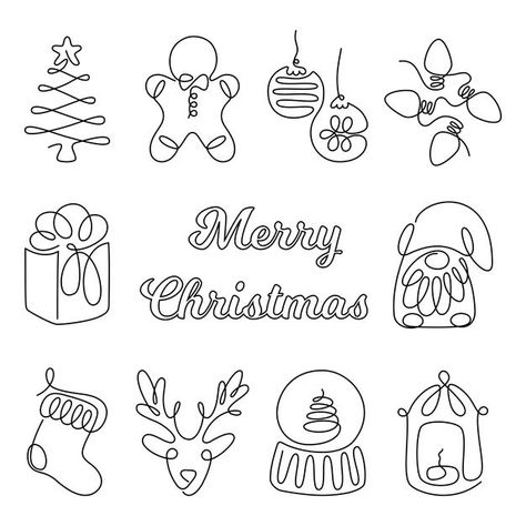 One line art holidays elements set. line... | Premium Vector #Freepik #vector #christmas #tree #winter #new-year One Line Christmas Tree, New Year Tree Drawing, Merry Christmas Doodle, Xmas Line Art, Christmas Line Art Simple, Christmas Line Drawings Art, Reindeer Line Art, Continuous Line Drawing Christmas, Line Art Drawings Christmas