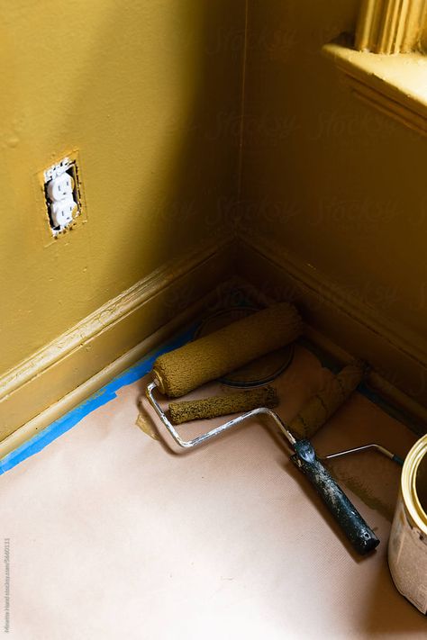 Process photo of room being painted a deep ochre yellow Repainting Walls, Hand Photography, Ochre Yellow, Room Painting, Room Paint, Painting Supplies, White Aesthetic, Painting Inspiration, Ceiling