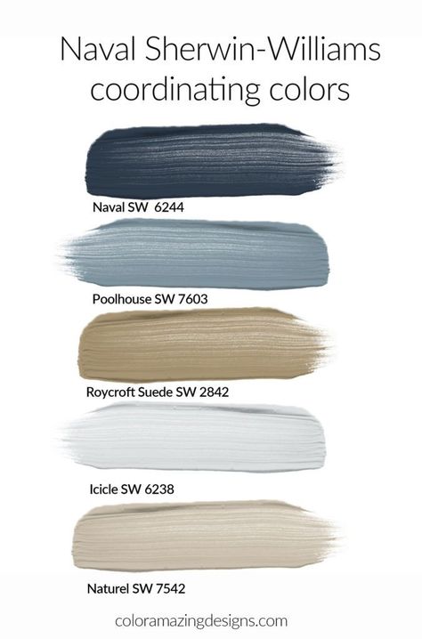 Navy Blue Color Palette Bedroom, Navy Aqua Color Palette, Home Design Color Schemes, Sherwin Williams Naval Color Palette, Transitional Color Palette, Navy Blue Paint Colors, Navy Blue Paint, Navy Blue Living Room, Sherwin Williams Colors