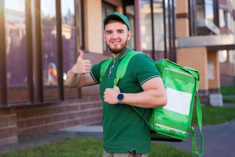 Guy Food, Delivery Guy, Green Shirt, Food Delivery, Delivery Man, Premium Photo, Stock Photos, Green, Quick Saves